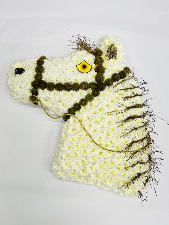 <h2>Bespoke Horse Tribute | Funeral Flowers</h2>
<ul>
<li>Approximate Size 54 x 62cm</li>
<li>Hand created horses head in fresh flowers</li>
<li>To give you the best we may occasionally need to make substitutes</li>
<li>Funeral Flowers will be delivered at least 2 hours before the funeral</li>
<li>For delivery area coverage see below</li>
</ul>
<br>
<h2>Liverpool Flower Delivery</h2>
<p>We have a wide selection of Bespoke Funeral Tributes offered for Liverpool Flower Delivery. Bespoke Funeral Tributes can be provided for you in Liverpool, Merseyside and we can organize Funeral flower deliveries for you nationwide. Funeral Flowers can be delivered to the Funeral directors or a house address. They can not be delivered to the crematorium or the church.</p>
<br>
<h2>Flower Delivery Coverage</h2>
<p>Our shop delivers funeral flowers to the following Liverpool postcodes L1 L2 L3 L4 L5 L6 L7 L8 L11 L12 L13 L14 L15 L16 L17 L18 L19 L24 L25 L26 L27 L36 L70 If your order is for an area outside of these we can organise delivery for you through our network of florists. We will ask them to make as close as possible to the image but because of the difference in stock and sundry items it may not be exact.</p>
<br>
<h2>Liverpool Funeral Flowers | Bespoke Tributes</h2>
<p>This horses head shaped funeral design has been loving handcrafted by our expert florists. It features a mass of spray chrysanthemums, green chrysanthemum reins and fountain grass for a mane. This is an ideal tribute for a horse rider, jockey or someone who kept horses.</p>
<br>
<p>Bespoke Funeral Tributes are a way to create a tribute that is truly unique and specially designed for a loved one.</p>
<br>
<p>These are sometimes selected by family members as the main tribute or more often a group of friends or workplace colleagues as a symbol of things they associate with the deceased.</p>
<br>
<p>The flowers are arranged in floral foam, which means the flowers have a water source so they look their very best for the day.</p>
<br>
<p>Contains 65 white spray chrysanthemums, 6 green chrysanthemums, 10 panicum grass, 1 craspedia, 1 vyking chrysanthemum and decorated with gold cord.</p>
<br>
<h2>Best Florist in Liverpool</h2>
<p>Trust Award-winning Liverpool Florist, Booker Flowers and Gifts, to deliver funeral flowers fitting for the occasion delivered in Liverpool, Merseyside and beyond. Our funeral flowers are handcrafted by our team of professional fully qualified who not only lovingly hand make our designs but hand-deliver them, ensuring all our customers are delighted with their flowers. Booker Flowers and Gifts your local Liverpool Flower shop.</p>
<br>
<p><em>Debera G - 5 Star Review on yell.com - Funeral Florist Liverpool</em></p>
<br>
<p><em>Fleur and her team made the flowers for my Dad's funeral. I knew I wanted something quite specific but was quite unsure how to execute the idea. Fleur understood immediately what I was hoping to achieve and developed the ideas into amazingly beautiful flowers that were just perfect. I honestly can't recommend her highly enough - she created something outstanding and unique for my Dad. Thanks Fleur.</em></p>